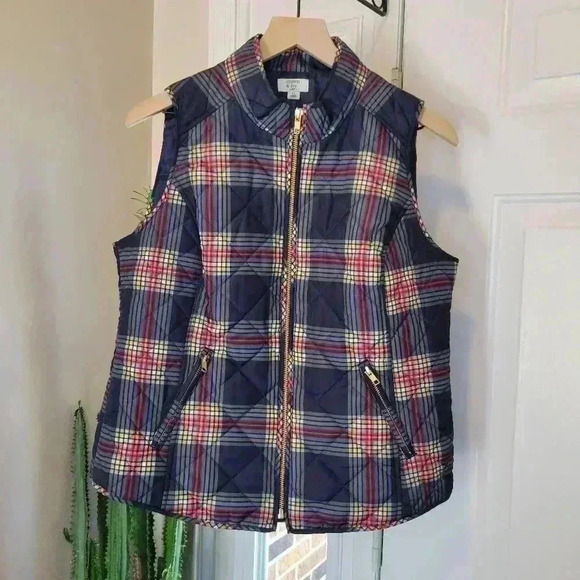crown & ivy Jackets & Blazers - Crown & Ivy Blue Plaid Puffer Vest‎ Adjustable Waist, Size Petite L